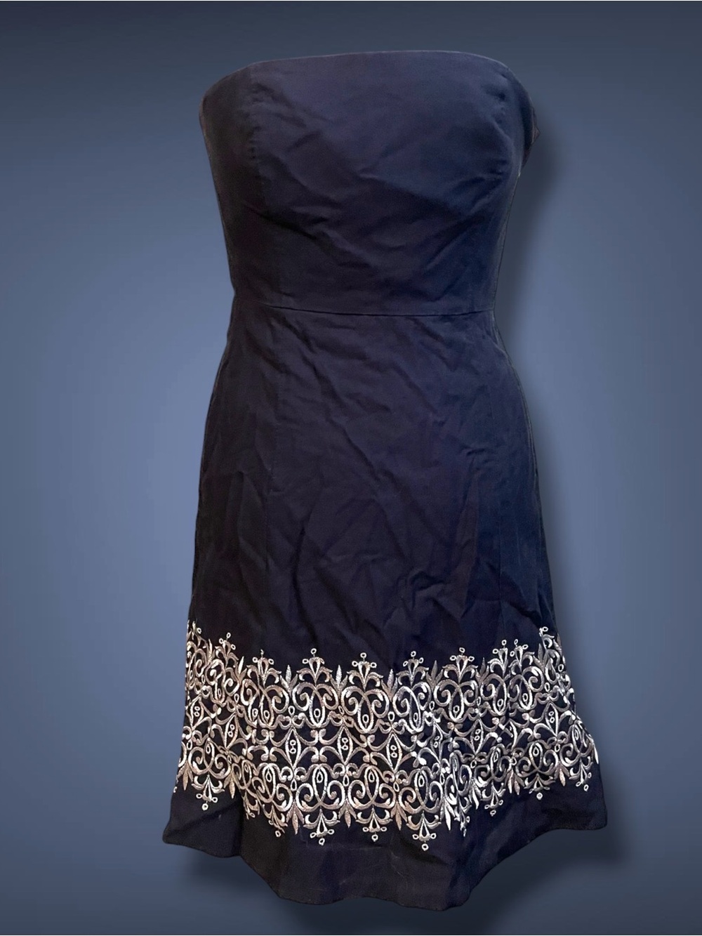 LOFT Strapless Navy Dress with White Embroidered Hem